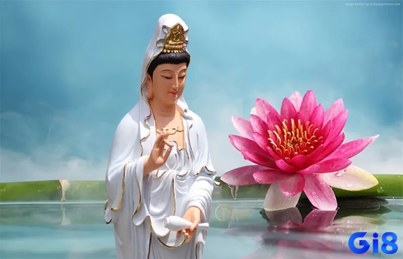 Hình ảnh Phật bà Quan Âm xuất hiện trước mặt, biểu trưng cho sự giao tiếp tâm linh và tìm kiếm hướng dẫn trong cuộc sống